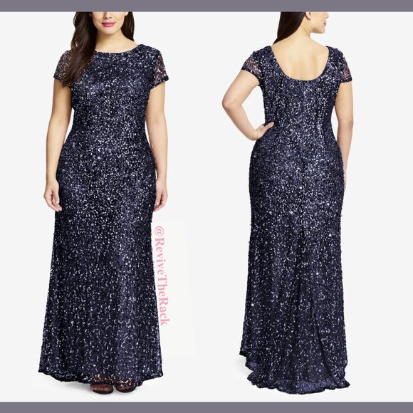 NEW Adrianna Papell Scoop Back Sequin Mesh Gown in Navy /Gunmetal [SZ 2‎ ] - Picture 3 of 5